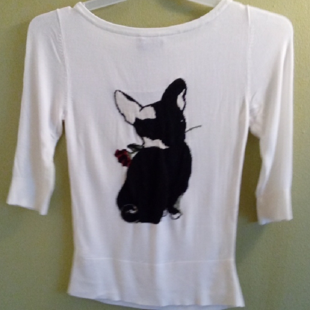 Womans XS White House Black Market Black and White Dog With Rose Long Sleeve Tee - Picture 4 of 4